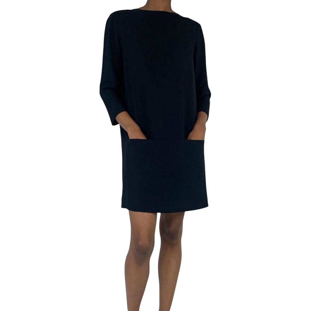 The Row Marina Crepe Mini Dress size US 2 Black Double Front Pocket 3/4 Sleeve